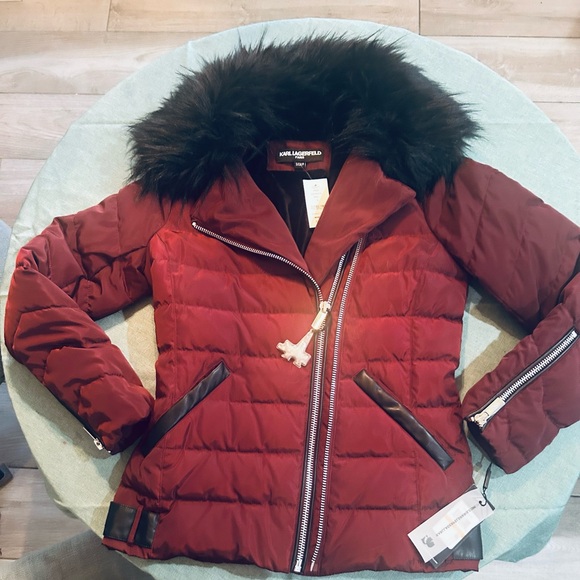 Karl Lagerfeld Jackets & Blazers - Karl Lagerfeld Paris Faux Fur Collar Puffer Jacket in Oxblood